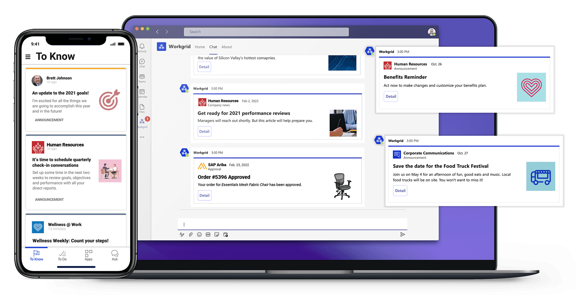 You can see in this example that the digital assistant is still providing a centralized location for important tasks, time off info, payslip stuff, all of that. But it’s also notifying employees of important communications.